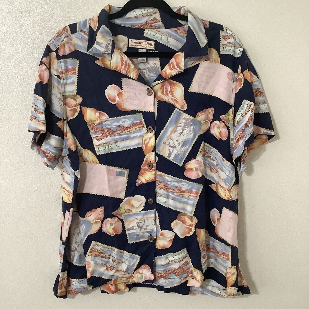 Jamaica Bay Vintage Navy Seashell Postcard‎ Coastal Tropical Hawaiian Shirt 1X